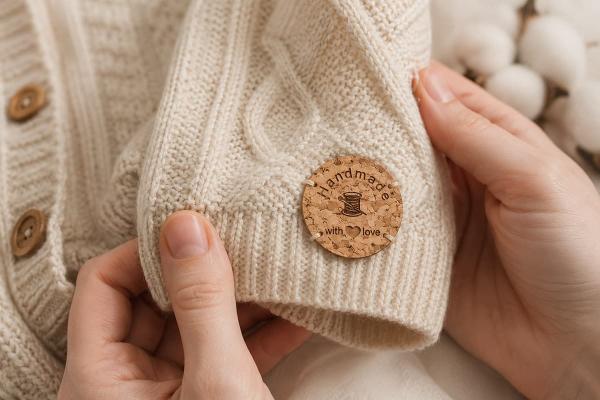 Rond kurklabel "Handmade with love" op een crèmekleurig gebreid kledingstuk genaaid.