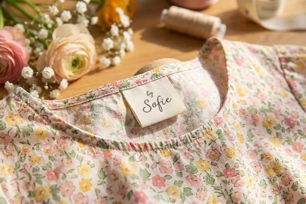 Crèmekleurig katoenen label ingenaaid in een bloemenjurk