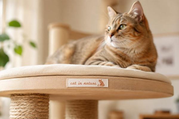 Naturelkleurig katoenen label met bruine tekst op kattenmeubel