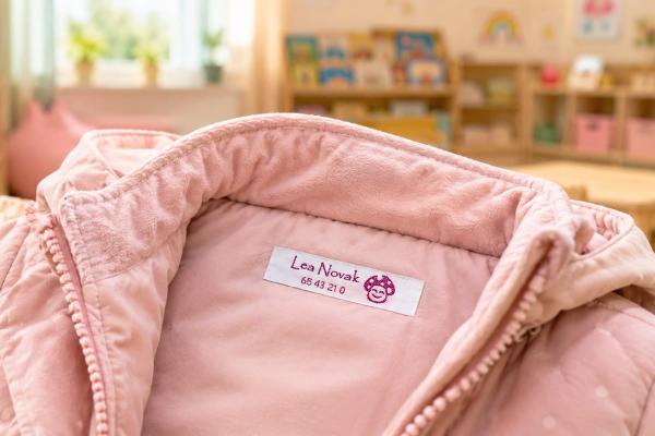 Wit katoenen naamlabel met paarse tekst in kinderjas