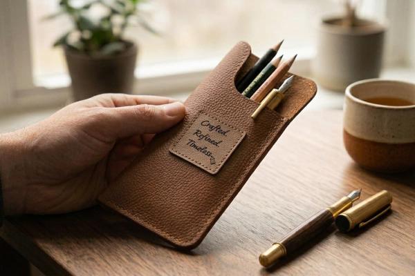 Vierkant lichtbruin leren label "Crafted, Refined, Timeless" op een bruine pennenetui.