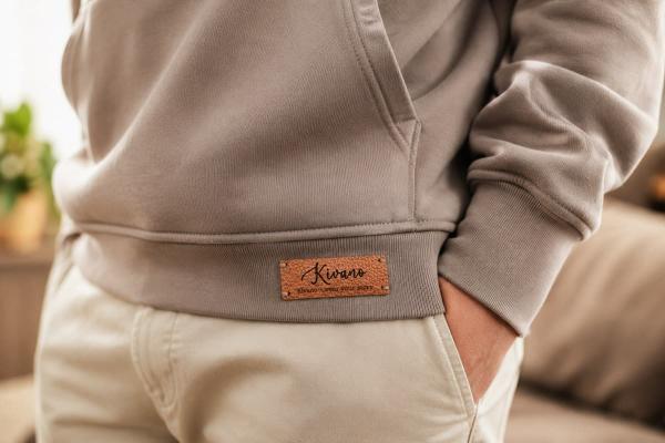 Rechthoekig bruin leerlook label met eigen logo, genaaid op de zoom van een grijze hoodie.