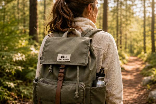 Naturelkleurig bio katoenen label met zwarte print op rugzak