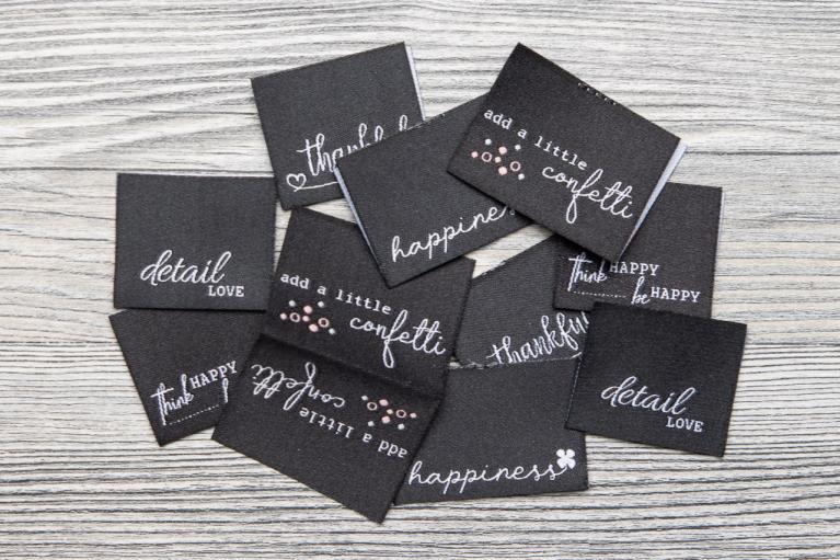 Designer set geweven label 'happiness black and white' by Unikati - Artikel-nr. 9118